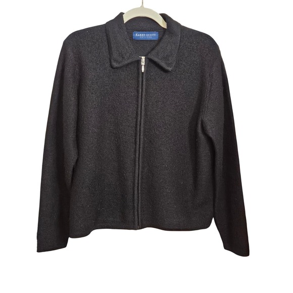 Karen Scott Petites 100% Wool Zip Up Cardigan Sweater Women's PL BlacK #330 - Picture 1 of 7